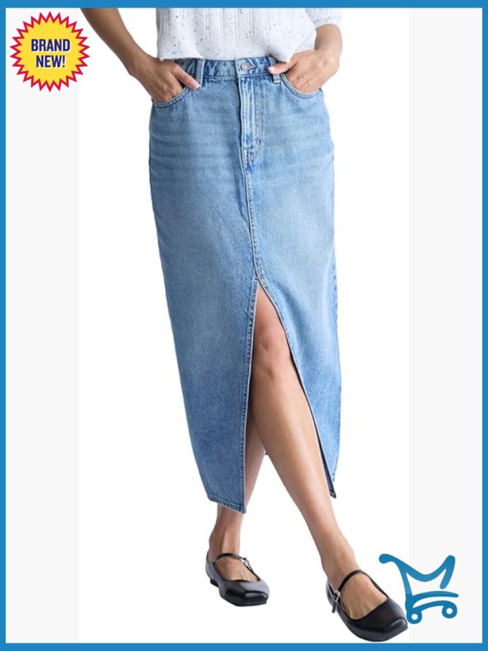 High Rise Denim Maxi Skirt with Front Slit Cargo Pocket